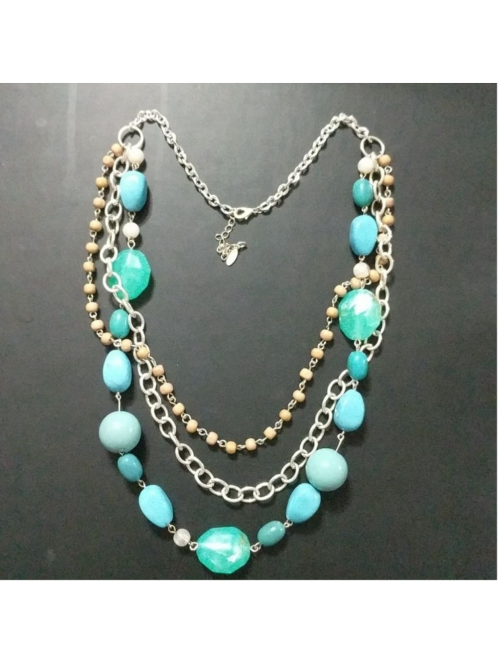 EsMor Silver Tone Turquoise Colored Multi Strand Beaded Statement Necklace
